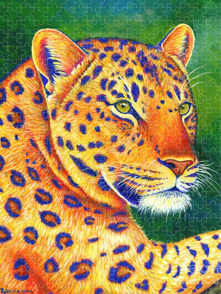 Leopard Jigsaw Puzzle featuring the painting Queen of the Jungle - Colorful Leopard by Rebecca Wang