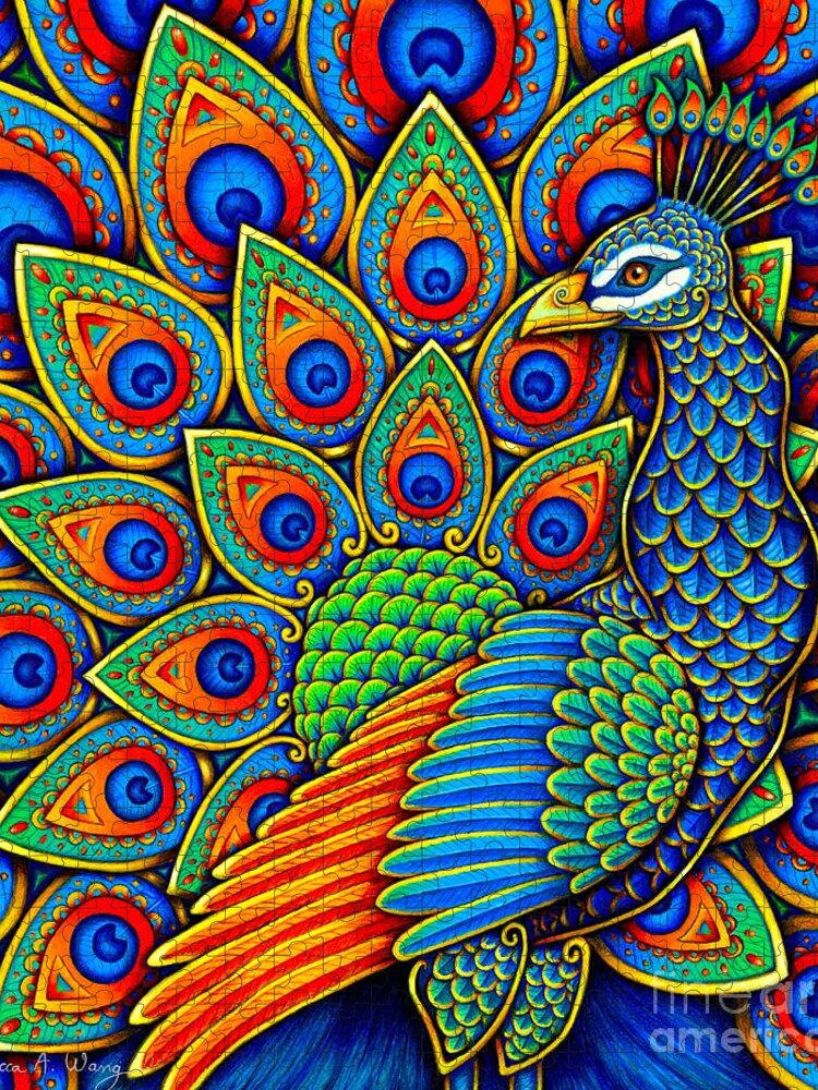 Peacock Jigsaw Puzzle featuring the drawing Colorful Paisley Peacock by Rebecca Wang
