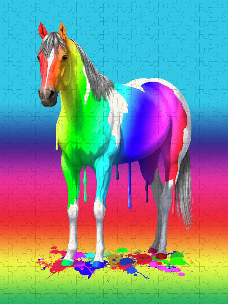 Horses Jigsaw Puzzle featuring the painting Colorful Rainbow Paint Horse by Crista Forest