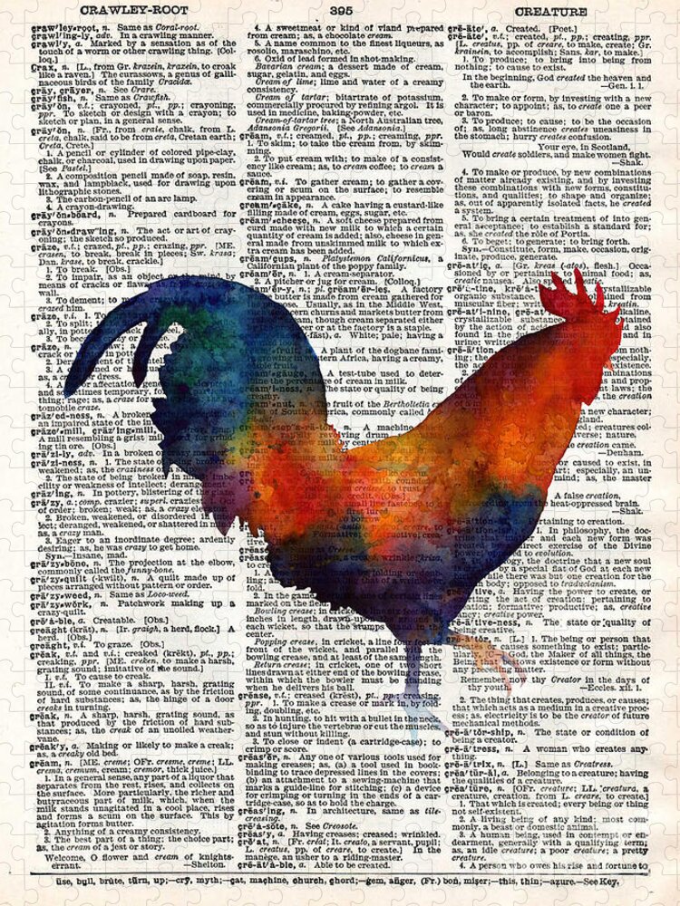 Rooster Jigsaw Puzzle featuring the painting Colorful Rooster on Vintage Dictionary by Hailey E Herrera
