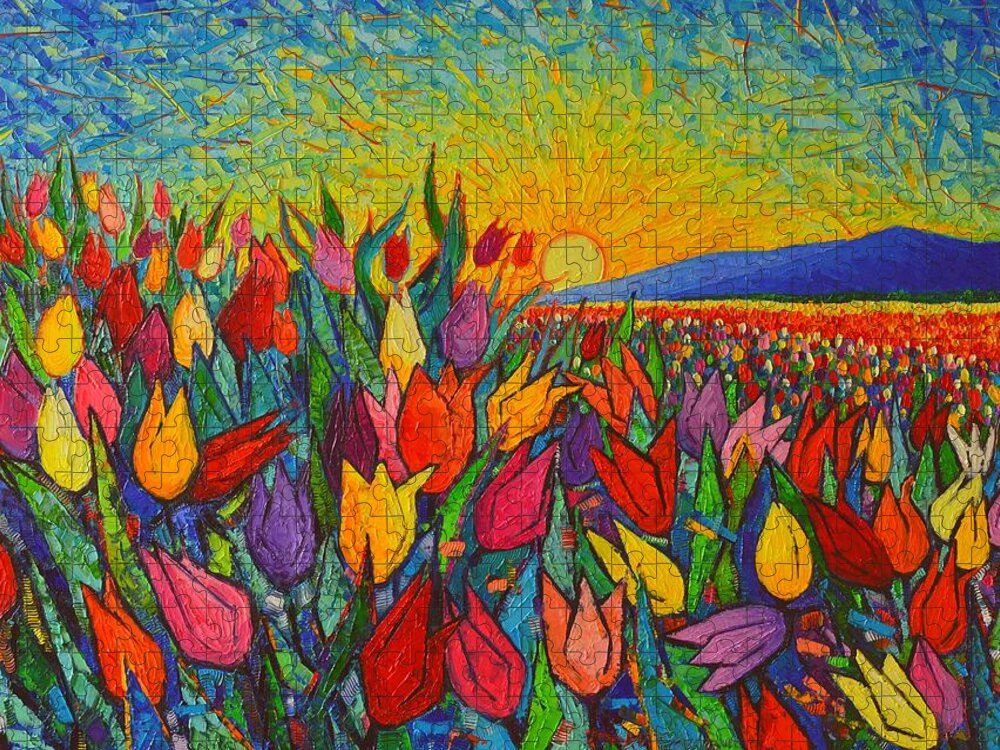 Tulip Jigsaw Puzzle featuring the painting Colorful Tulips Field Sunrise - Abstract Impressionist Palette Knife Painting By Ana Maria Edulescu by Ana Maria Edulescu