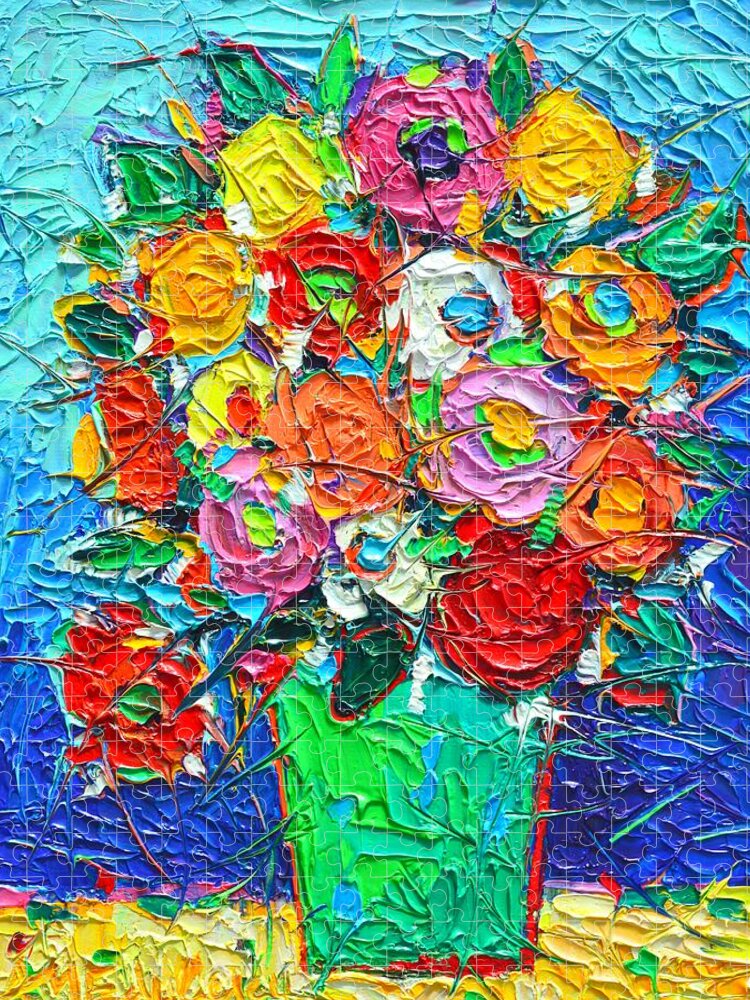 Abstract Jigsaw Puzzle featuring the painting Colorful Wildflowers Abstract Modern Impressionist Palette Knife Oil Painting By Ana Maria Edulescu by Ana Maria Edulescu