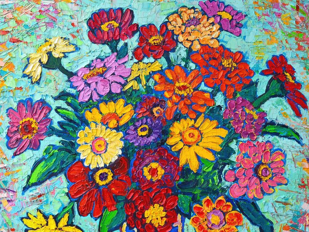 Flowers Jigsaw Puzzle featuring the painting Colorful Zinnias Bouquet Closeup by Ana Maria Edulescu