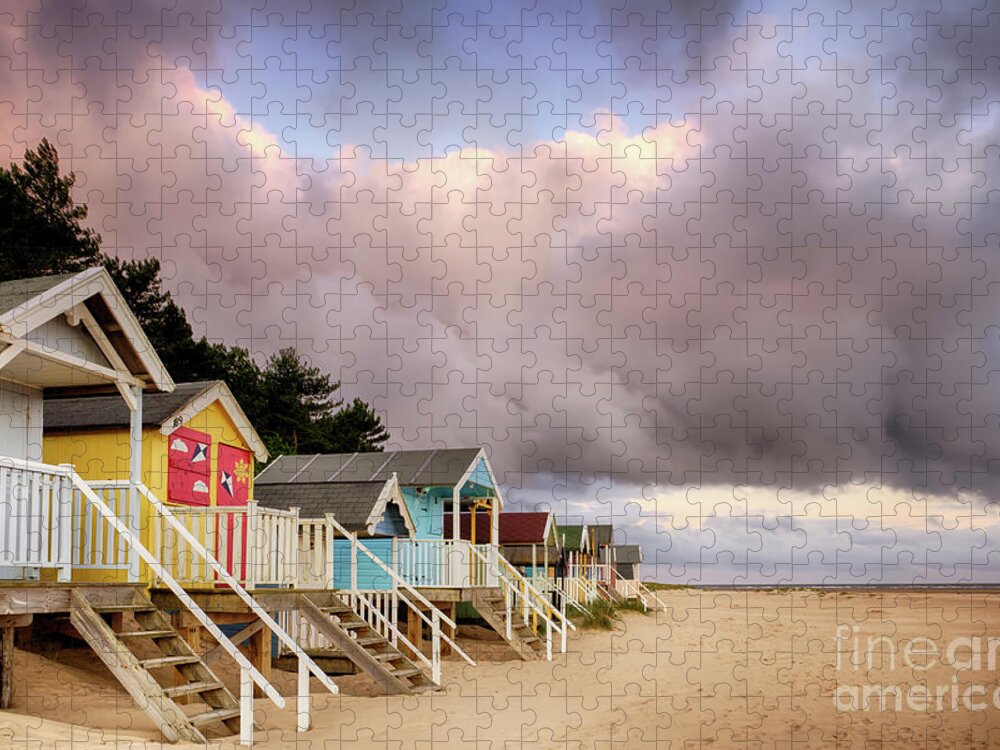 Norfolk Jigsaw Puzzle featuring the photograph Colourful beach huts on golden sand coast by Simon Bratt