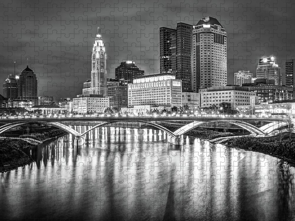 America Jigsaw Puzzle featuring the photograph Columbus Ohio Downtown Skyline in Black and White by Gregory Ballos