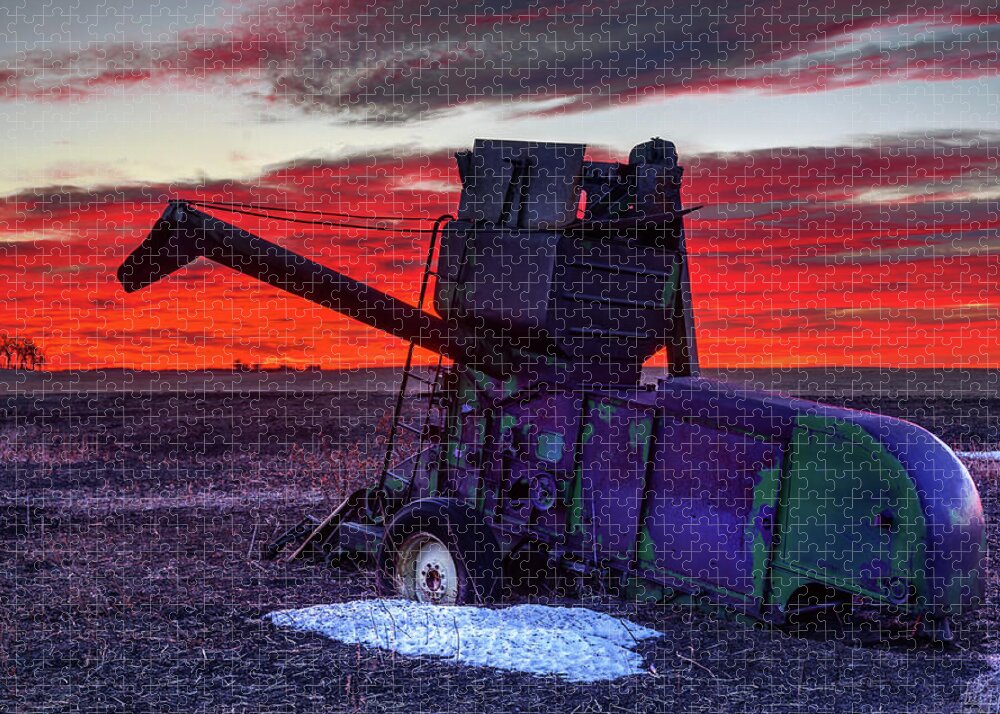 Combine Harvester Antique Abandoned Vintage John Deere Sunrise Landscape Red Green Snow Winter Jigsaw Puzzle featuring the photograph Combine Towards the Light by Peter Herman