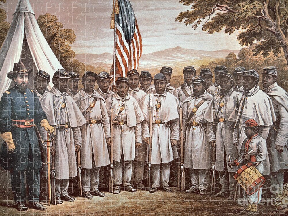 Recruitment; American Civil War; Volunteer; Soldiers; Soldier; Army; Uniform; Flag; Stars And Stripes; General; Drummer; Negro; African-american; Us; Usa; Recruiting; Advertisement; Advert; Propaganda; African American Jigsaw Puzzle featuring the painting 'Come and Join Us Brothers' by American School