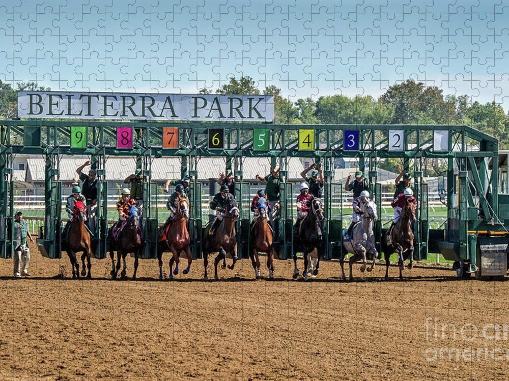 Belterra Horse Park Racing Jigsaw Puzzle featuring the photograph Coming out of the Gate by Ed Taylor