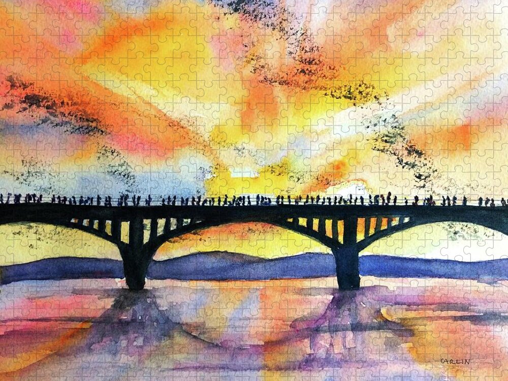 Austin Texas Jigsaw Puzzle featuring the painting Congress Bridge Bats Austin Texas by Carlin Blahnik CarlinArtWatercolor