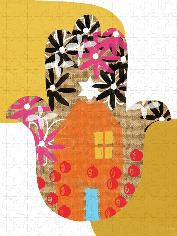Hamsa Jigsaw Puzzle featuring the mixed media Contemporary Hamsa with House- Art by Linda Woods by Linda Woods
