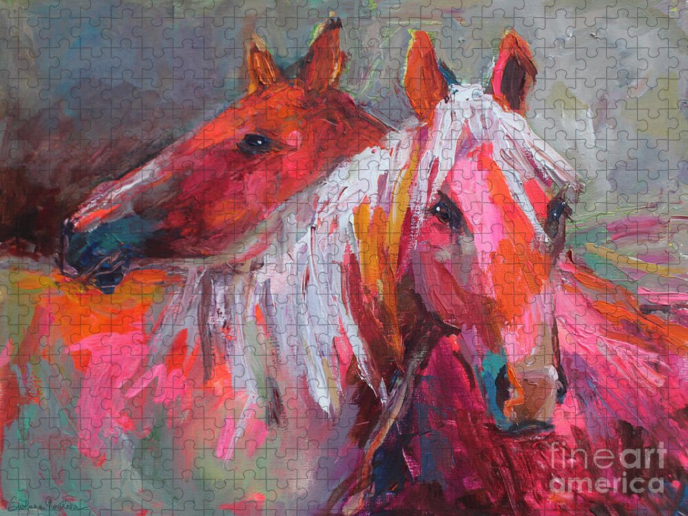 Contemporary Equine Horse Paintings Jigsaw Puzzle featuring the painting Contemporary Horses painting by Svetlana Novikova