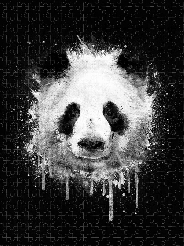 Panda Jigsaw Puzzle featuring the digital art Cool Abstract Graffiti Watercolor Panda Portrait in Black and White by Philipp Rietz