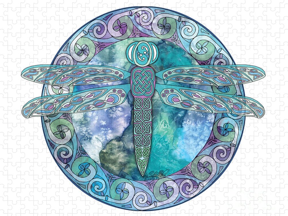Artoffoxvox Jigsaw Puzzle featuring the mixed media Cool Celtic Dragonfly by Kristen Fox