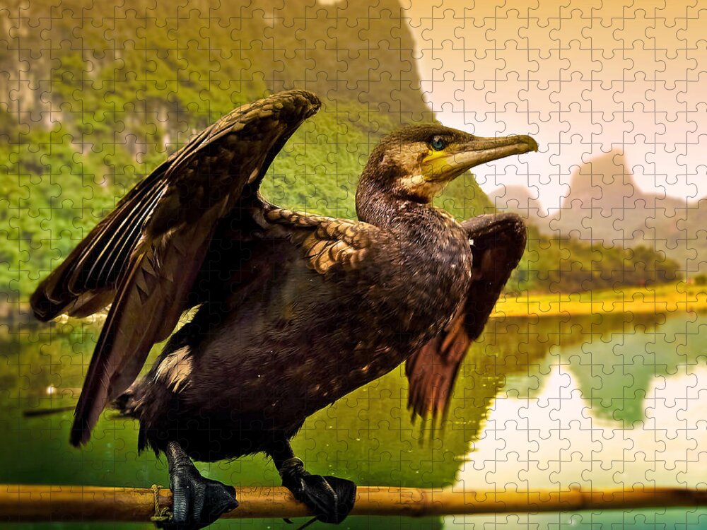 Cormorant Jigsaw Puzzle featuring the photograph Cormorant ready to go fishing-China Guilin scenery Lijiang River in Yangshuo by Artto Pan