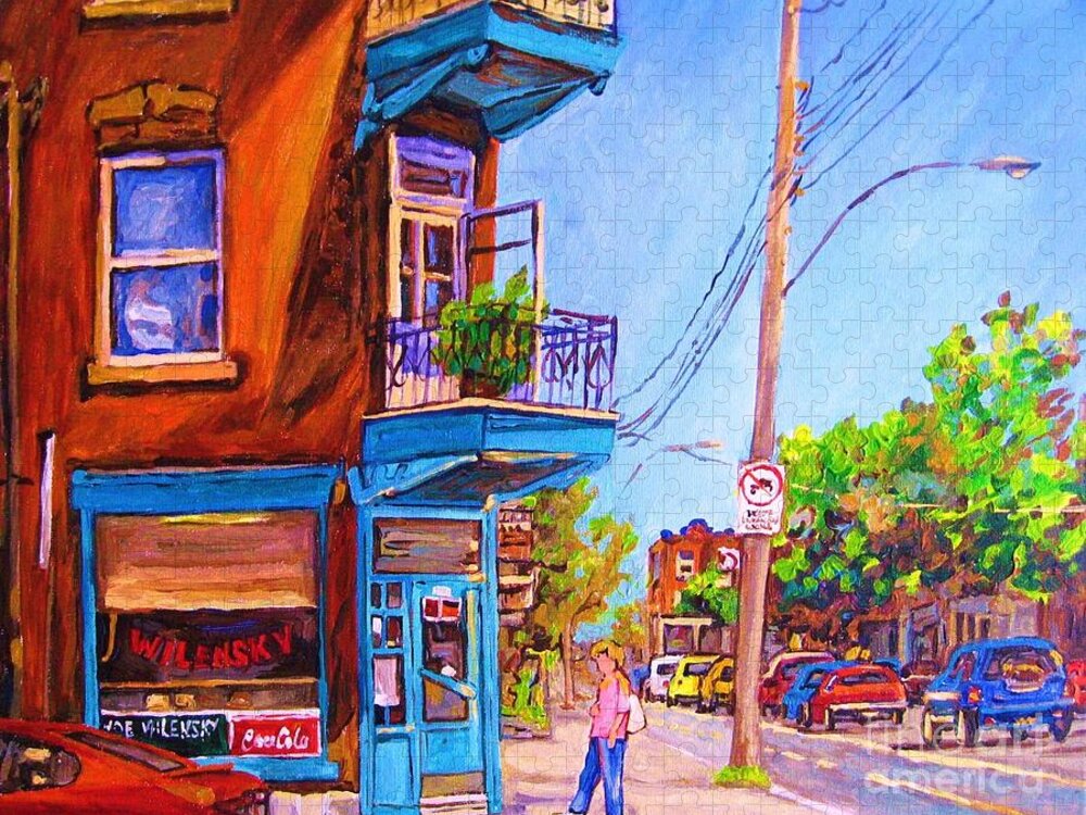 Wilenskys Corner Fairmount And Clark Jigsaw Puzzle featuring the painting Corner Deli Lunch Counter by Carole Spandau