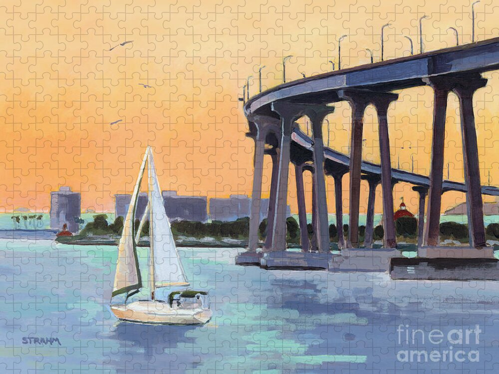Coronado Jigsaw Puzzle featuring the painting Coronado Bridge San Diego by Paul Strahm