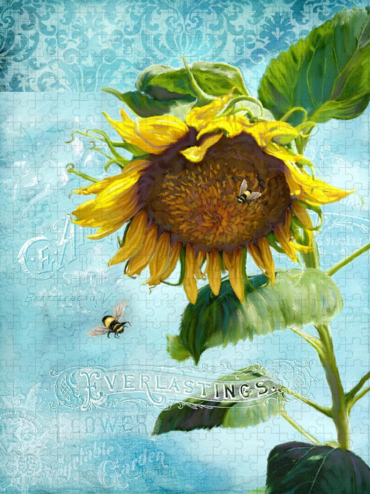 Sunflower Jigsaw Puzzle featuring the painting Cottage Garden Sunflower - Everlastings Seeds n Flowers by Audrey Jeanne Roberts
