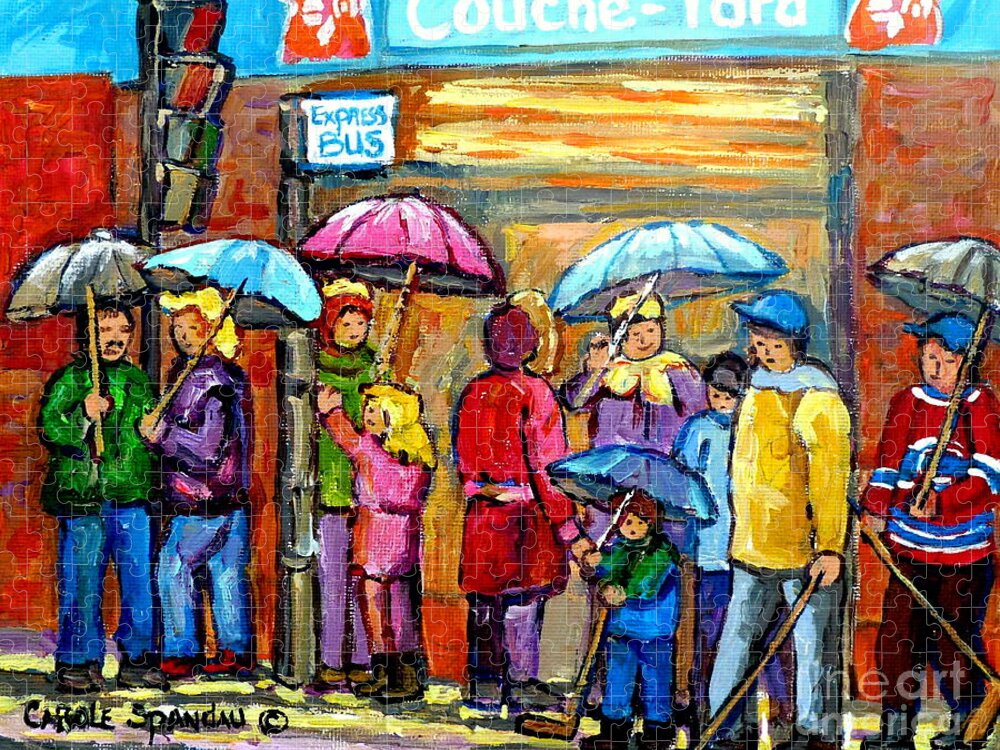 Montreal Jigsaw Puzzle featuring the painting Couche Tard Verdun Depanneur Rainy Day Cityscene Montreal Quebec Streetscene Painting C Spandau Art by Carole Spandau
