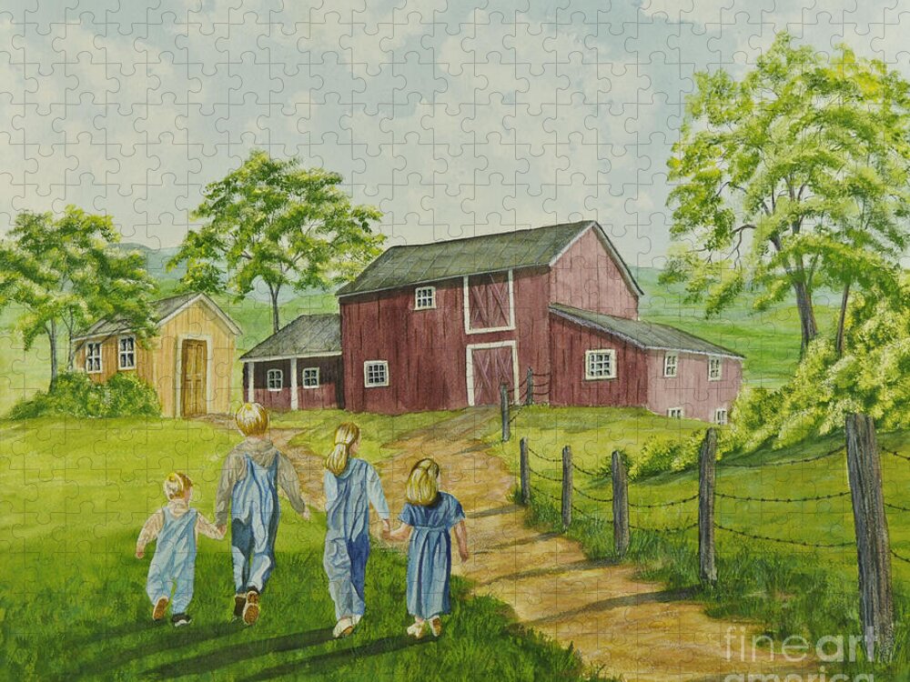 Country Kids Art Jigsaw Puzzle featuring the painting Country Kids by Charlotte Blanchard