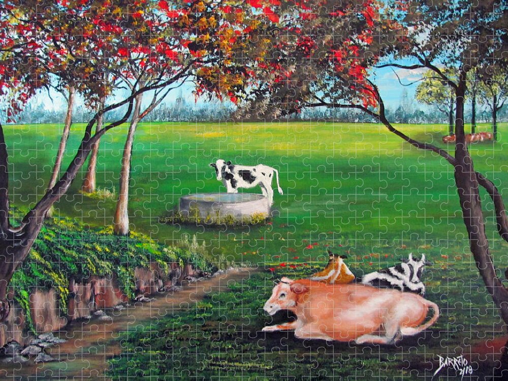 Cows Jigsaw Puzzle featuring the painting Cow Tales by Gloria E Barreto-Rodriguez