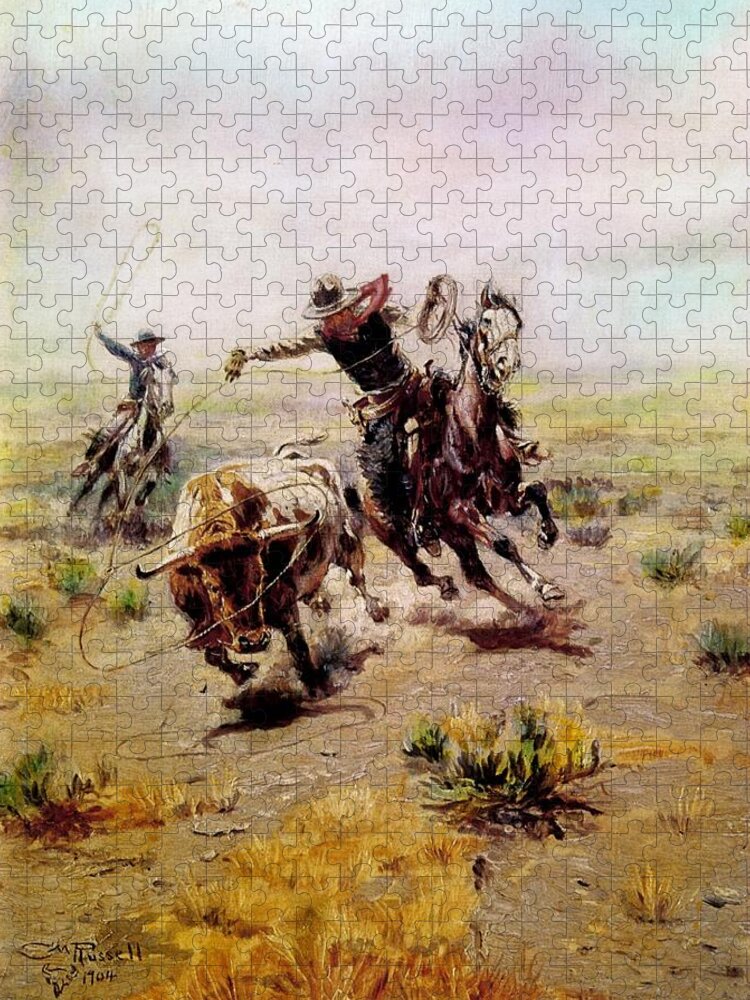 Cowboy Roping A Steer Jigsaw Puzzle featuring the digital art Cowboy Roping A Steer by Charles Russell