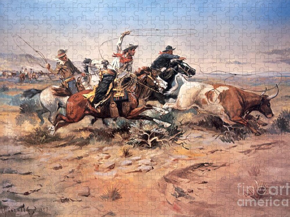 Cowboys Jigsaw Puzzle featuring the painting Cowboys roping a steer by Charles Marion Russell