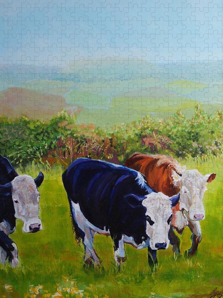 Misty Morning Jigsaw Puzzle featuring the painting Cows and English Landscape by Mike Jory