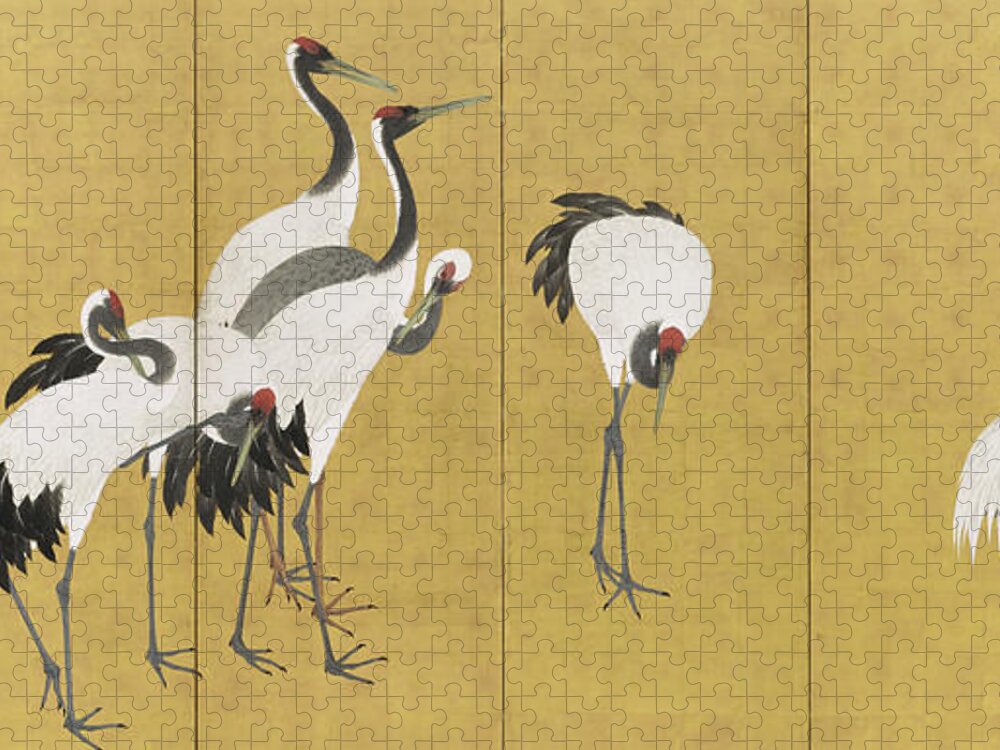 Bird Jigsaw Puzzle featuring the painting Cranes by Maruyama Okyo