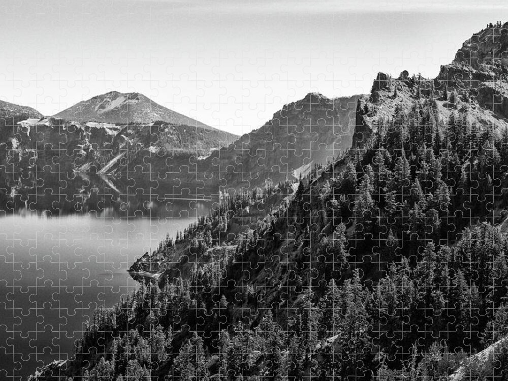 Crater Lake West Rim Jigsaw Puzzle featuring the photograph Crater Lake 4 Black and White by Frank Wilson