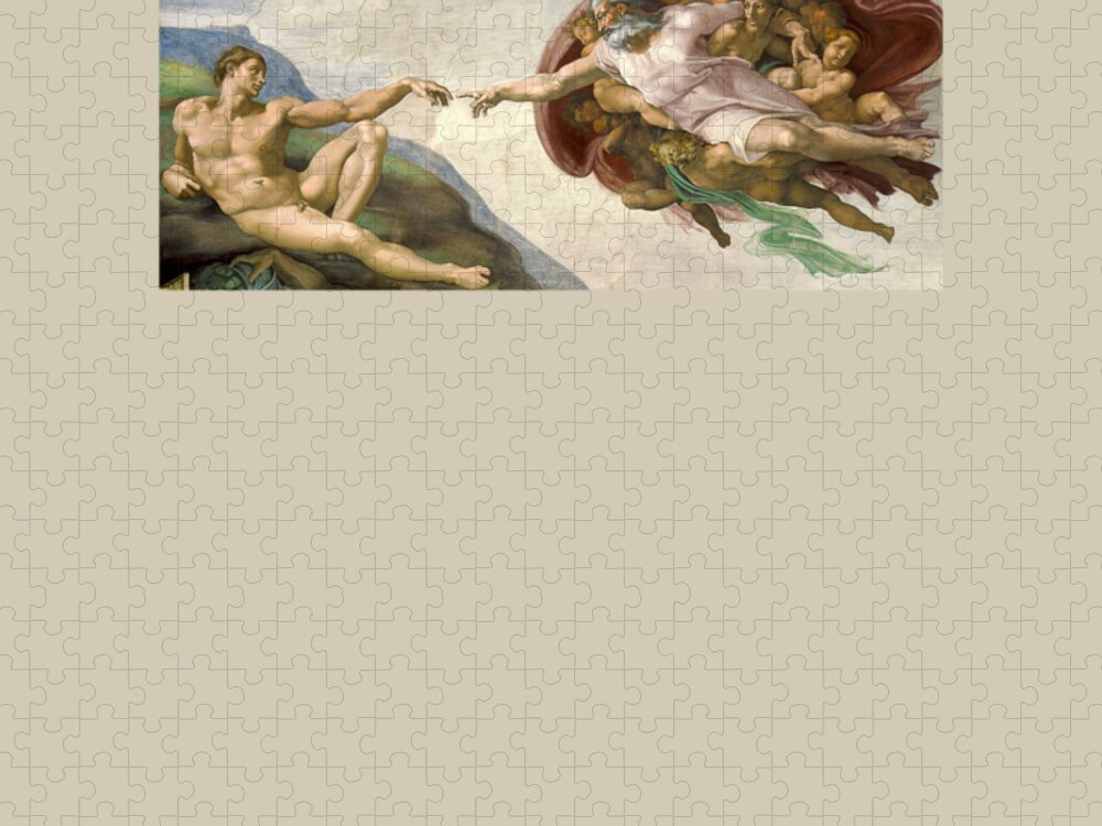 Creation Of Adam Jigsaw Puzzle featuring the painting Creation of Adam - Painted by Michelangelo by War Is Hell Store