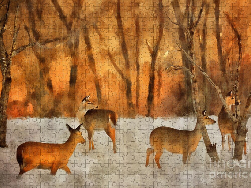 Deer Jigsaw Puzzle featuring the digital art Creatures of a Winter Sunset by Lois Bryan