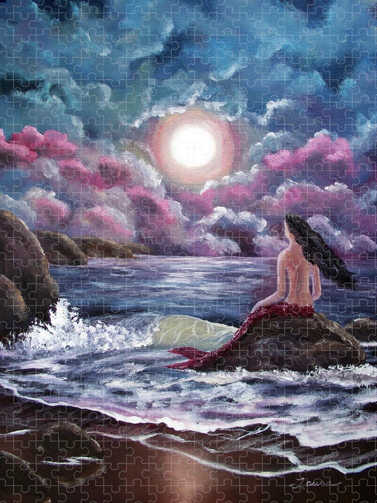 Moon Jigsaw Puzzle featuring the painting Crimson Mermaid by Laura Iverson