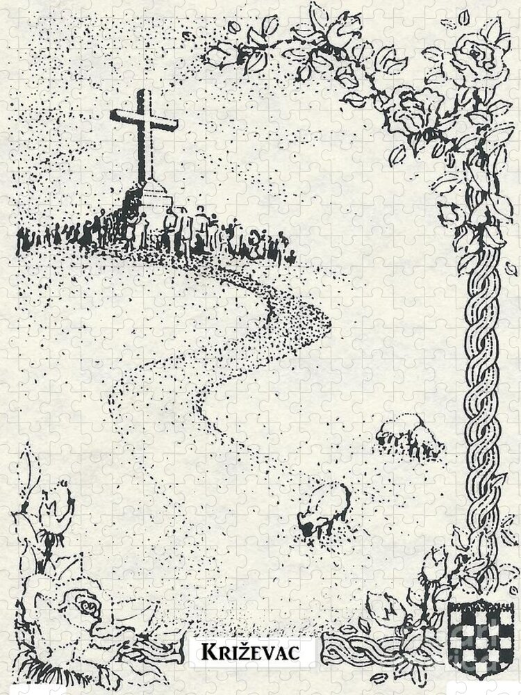 Easter Jigsaw Puzzle featuring the drawing Cross Mt, Medjugorje by Christina Verdgeline