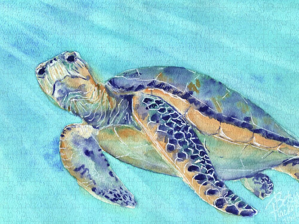 Watercolor Painting Hand Crush Seaturtle Sea Turtle Nemo Endangered Species Water Light Ocean Creature Animal Loggerhead Green Purple Blue Orange Ray Original Woman Owned Military Spouse Milspo Milspouse Small Business Betsy Hackett Artist Watercolorist Mom Jigsaw Puzzle featuring the painting Crush by Betsy Hackett