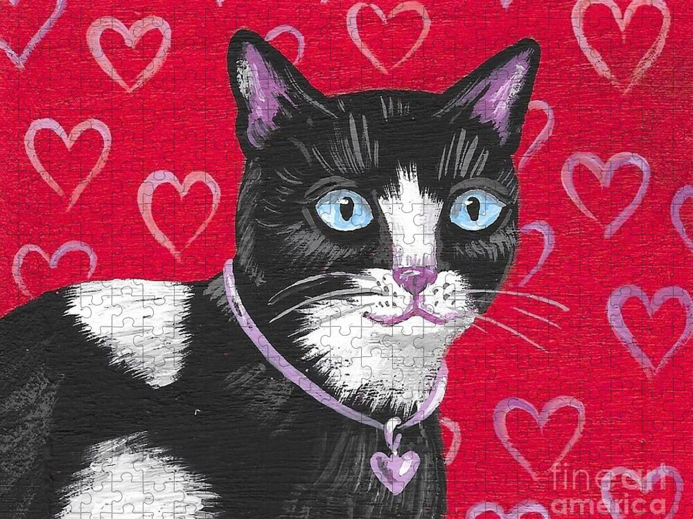 Print Jigsaw Puzzle featuring the painting Cuddles The Tuxedo Cat by Margaryta Yermolayeva