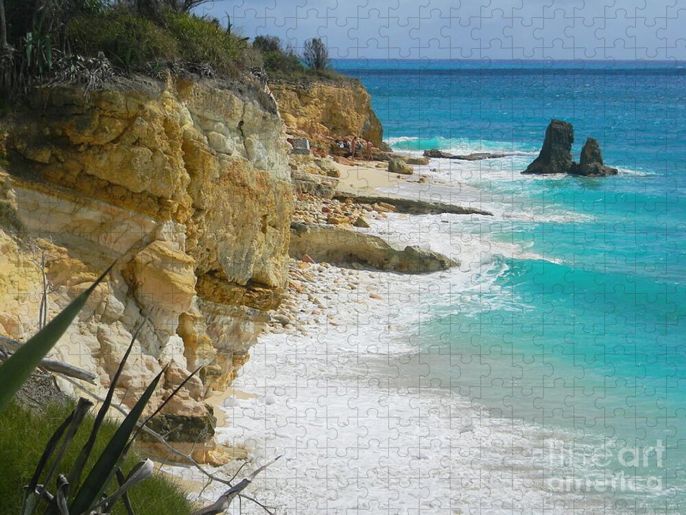 Seaside Rock Cliff Looms Above The Beach As A Turquoise Wave Washes The Unseen Sand And Is Replaced By Another . Jigsaw Puzzle featuring the photograph Cupecoy beach Wave 3 by Priscilla Batzell Expressionist Art Studio Gallery