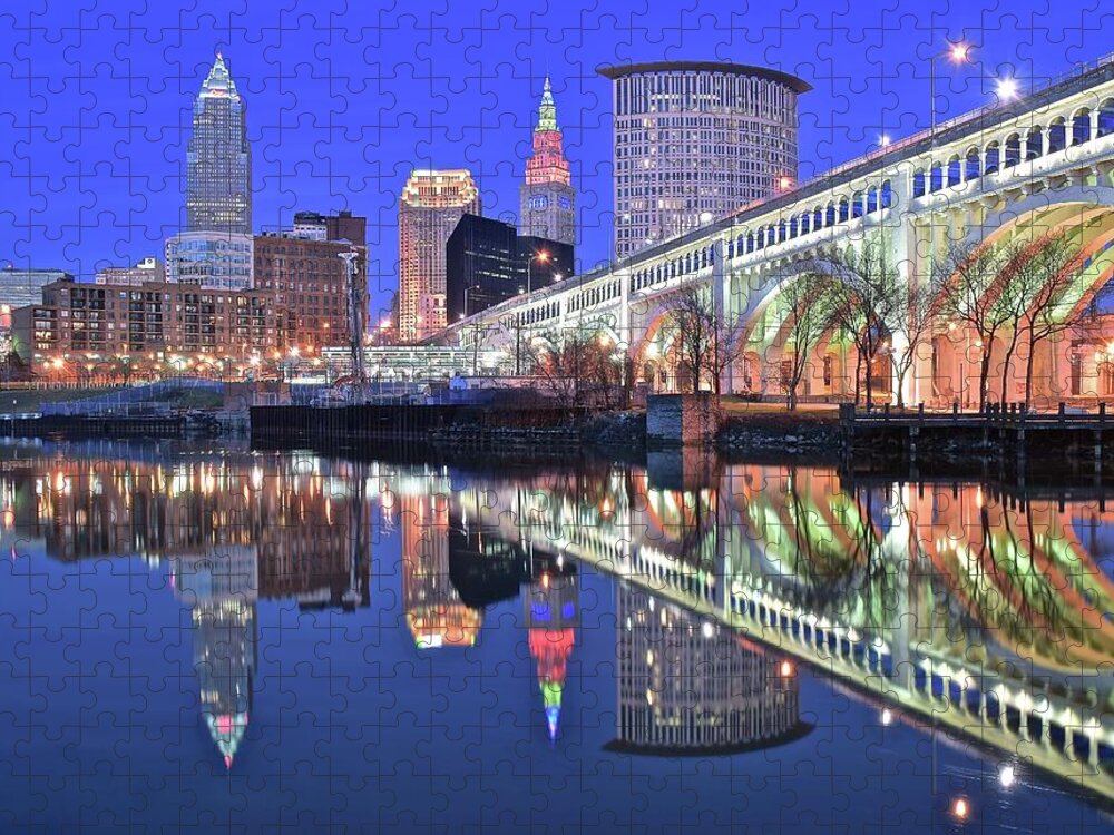 Cuyahoga Jigsaw Puzzle featuring the photograph Cuyahoga River Blue Hour by Frozen in Time Fine Art Photography