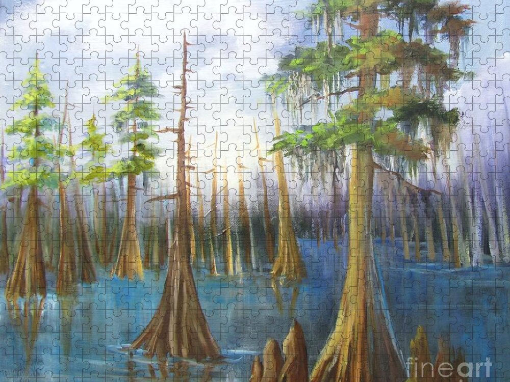 Cypress Trees Jigsaw Puzzle featuring the painting Cypress Bayou 136 by Barbara Haviland