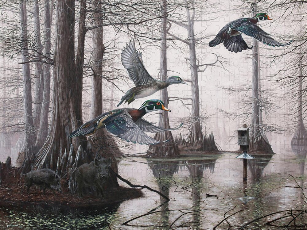 Duck Hunting Jigsaw Puzzle featuring the painting Cypress Bayou Neighbors by Glenn Pollard