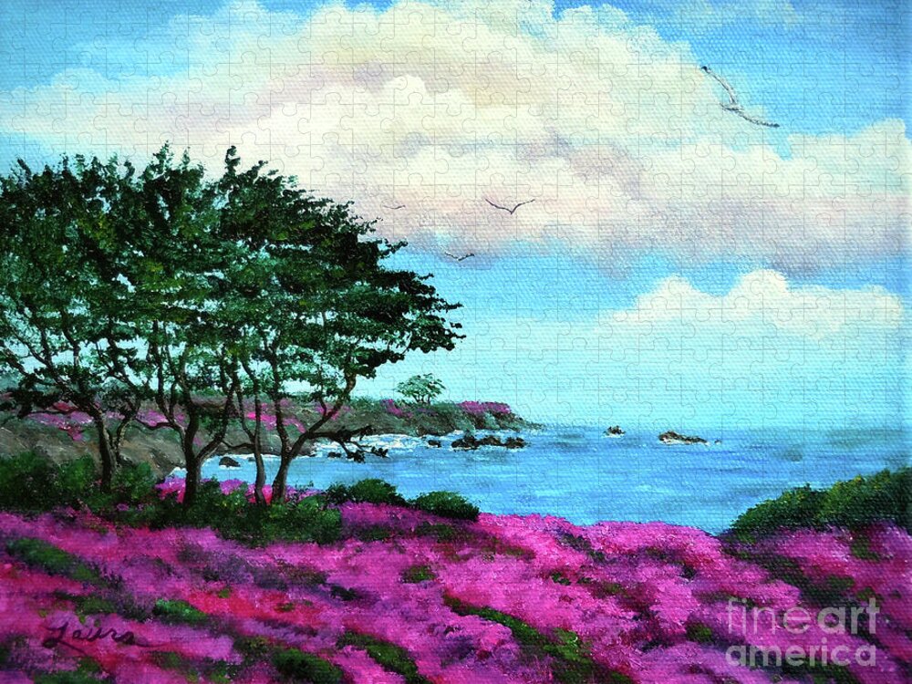 Carmel Jigsaw Puzzle featuring the painting Cypress Trees by Lovers Point by Laura Iverson