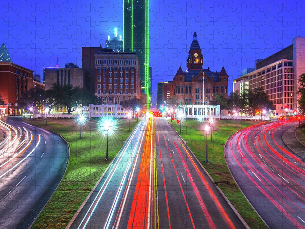 America Jigsaw Puzzle featuring the photograph Dallas Texas Skyline - Dealey Plaza - Square Format by Gregory Ballos