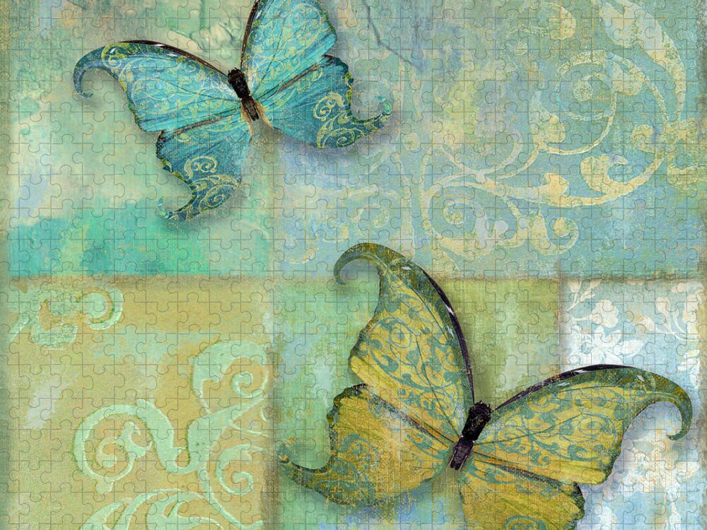 Damask Butterflies Jigsaw Puzzle featuring the painting Damask and Butterflies II by Mindy Sommers