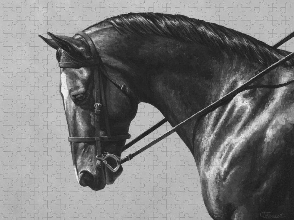 Horse Jigsaw Puzzle featuring the painting Dark Brown Dressage Horse Black and White by Crista Forest