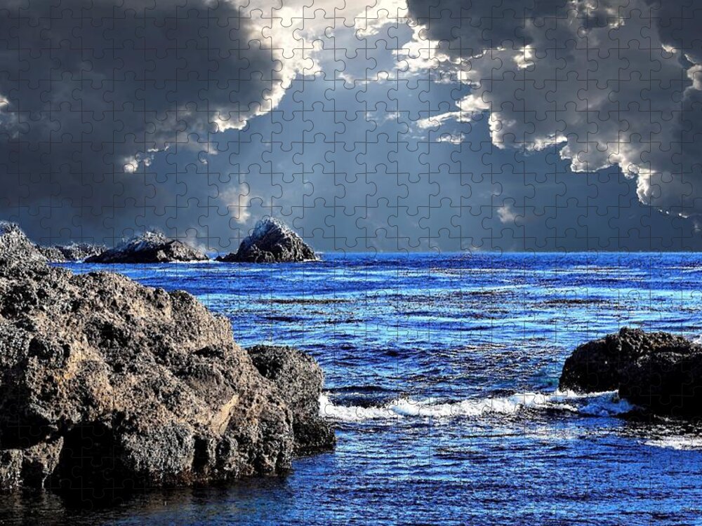 Pacific Ocean Jigsaw Puzzle featuring the mixed media Dark Clouds and Blue Waters by M Three Photos