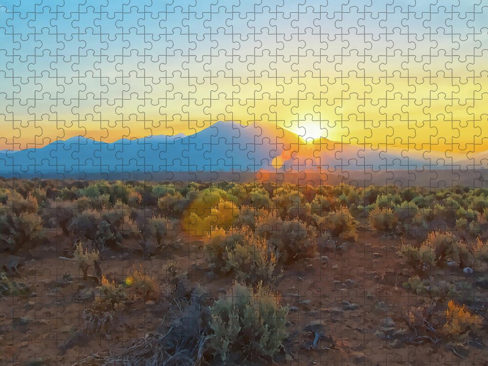  Dawn Jigsaw Puzzle featuring the photograph Dawn over magic Taos mountain by Charles Muhle