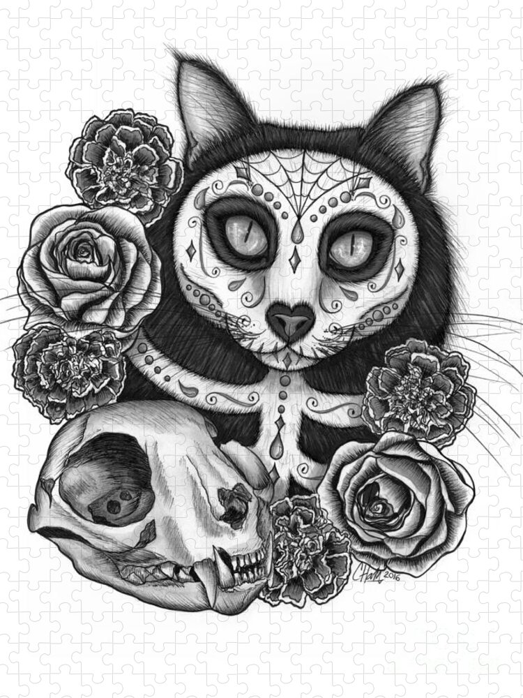Dia De Los Muertos Gato Jigsaw Puzzle featuring the drawing Day of the Dead Cat Skull - Sugar Skull Cat by Carrie Hawks