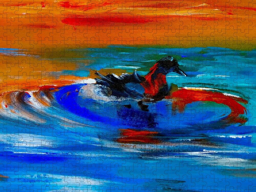 Deep Jigsaw Puzzle featuring the digital art Deep Blue Painterly Duck by Lisa Kaiser