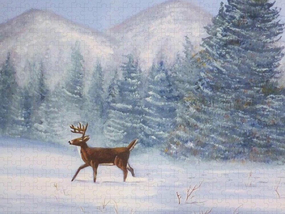 Trees Jigsaw Puzzle featuring the painting Deer In The Snow by Denise F Fulmer