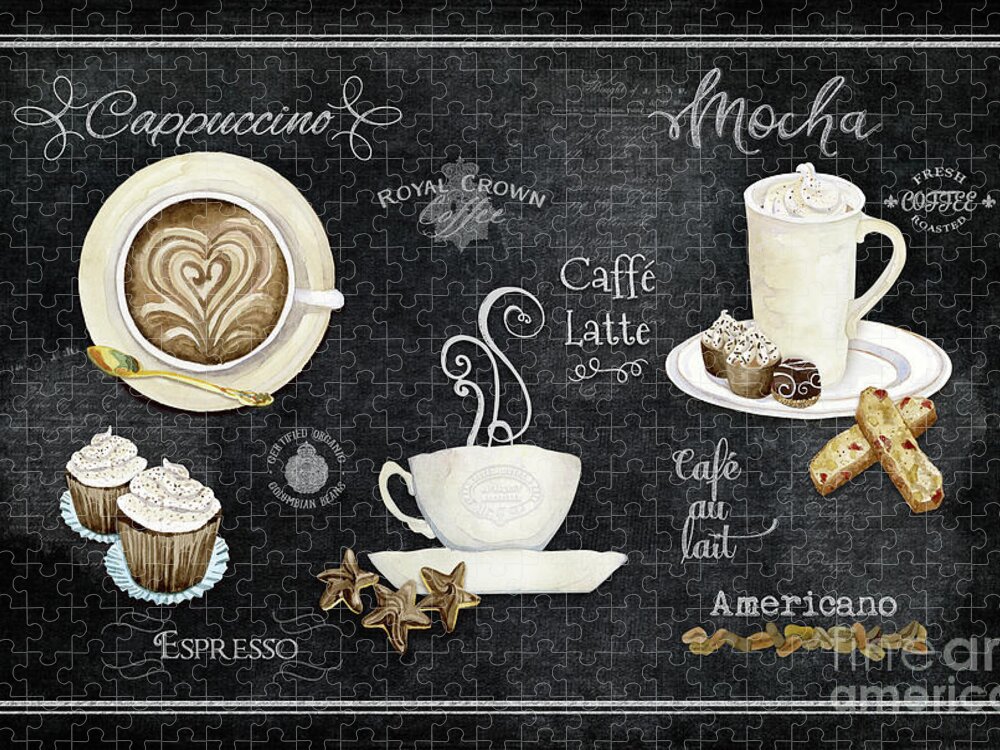 Coffee Art Jigsaw Puzzle featuring the painting Deja Brew Chalkboard Coffee Cappuccino Mocha Caffe Latte by Audrey Jeanne Roberts