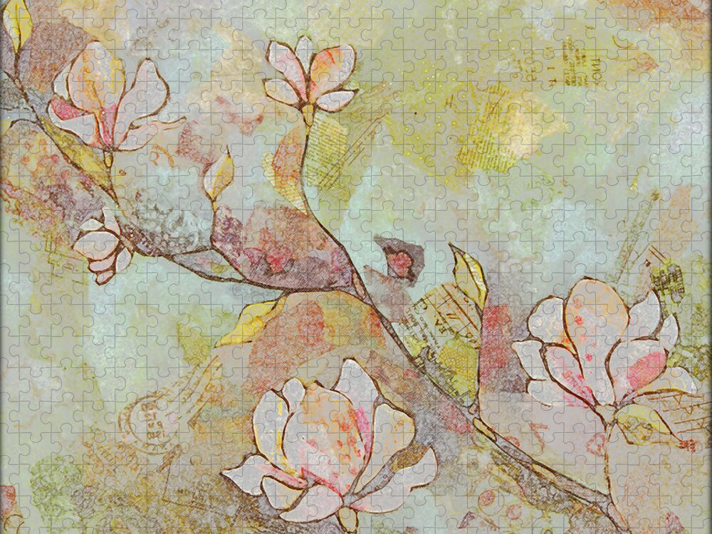 Magnolia Jigsaw Puzzle featuring the painting Delicate Magnolias by Shadia Derbyshire